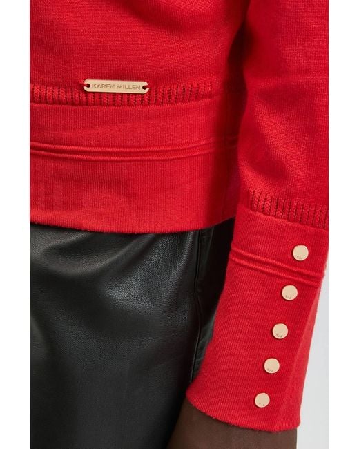 Karen Millen Red Forever Viscose Blend Knitted Stitch Detail V Neck Long Sleeve Jumper