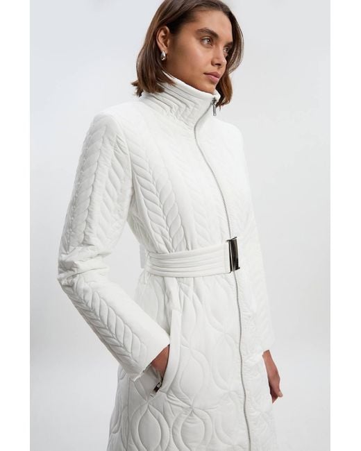Karen Millen White Multi Stitch Detail Belted Padded Midi Coat
