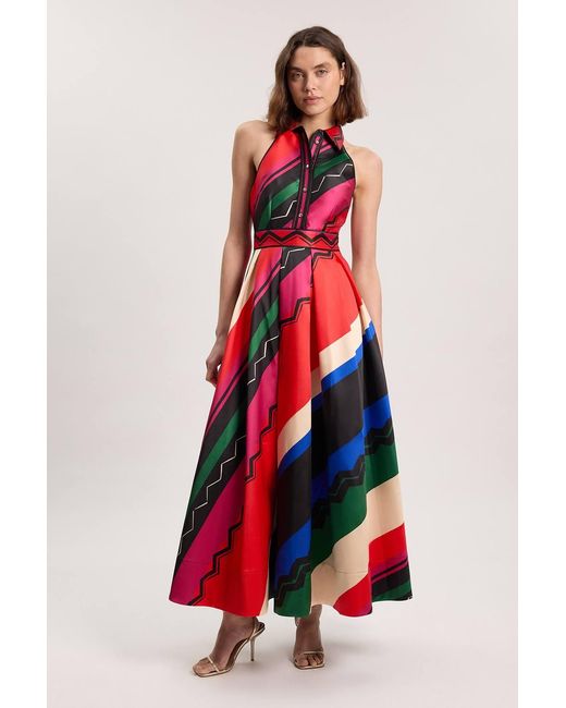 Karen Millen Abstract Print Twill Contrast Collared Woven Maxi Dress