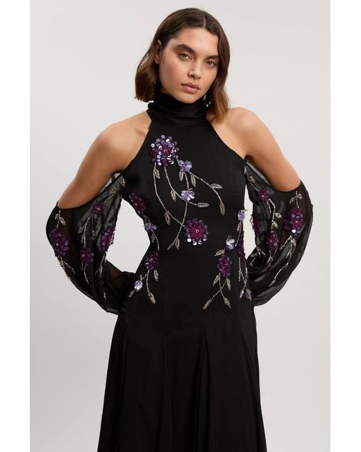 Karen Millen Black Cold Shoulder 3D Floral Applique Woven Maxi Dress