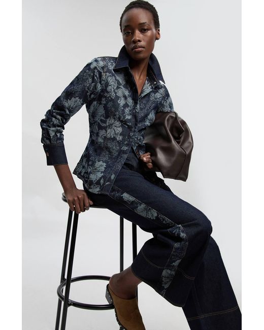 Karen Millen Black Denim & Jacquard Contrast Wide Leg Jeans