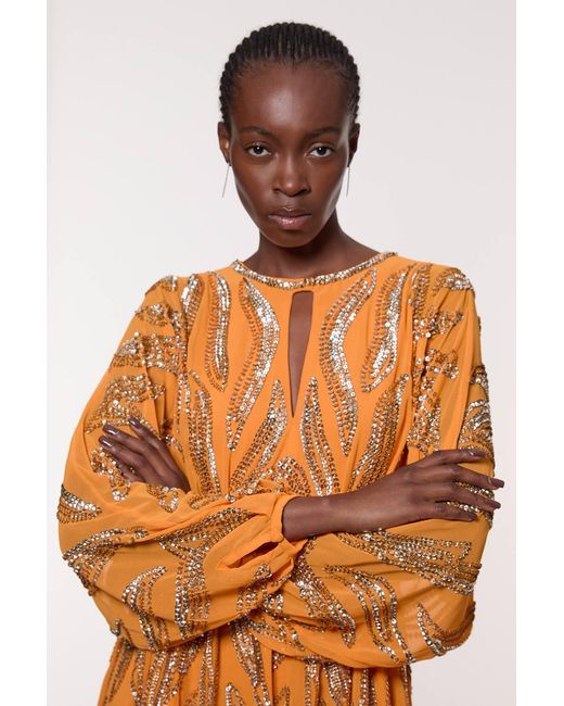 Karen Millen Orange Kimono Sleeve Embellished Mini Dress