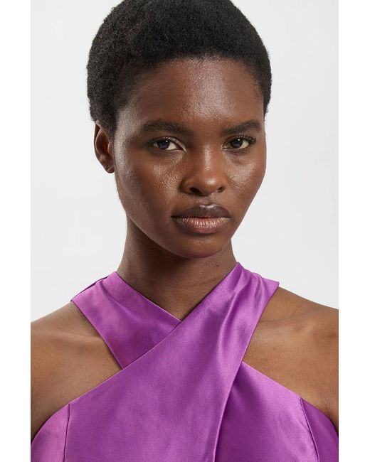 Karen Millen Purple Tailored Satin Cutwork Halter Midi Dress