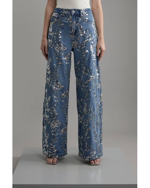 Karen Millen Gray Denim All Over Floral Sequin Wide Leg Trousers