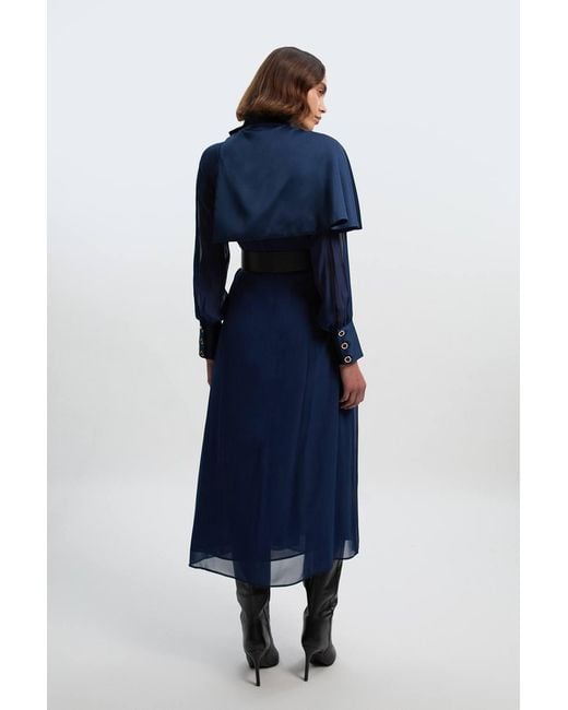Karen Millen Blue Military Sheer Cape Detail Woven Maxi Dress