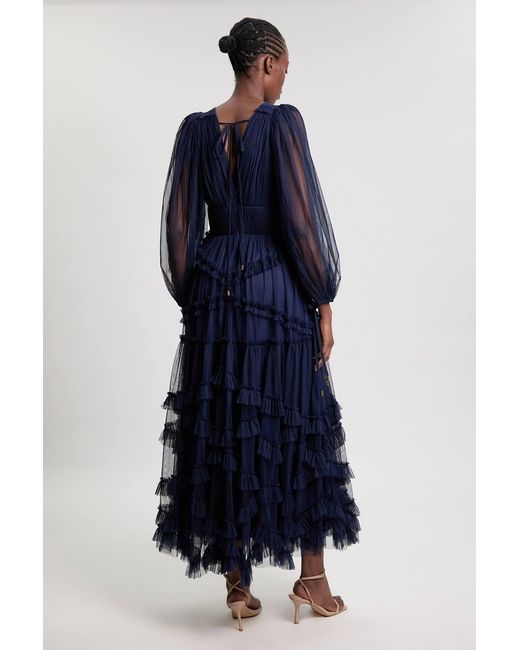 Karen Millen Blue Tulle Layered Long Sleeve Maxi Dress