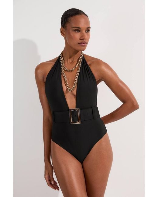 Karen Millen Black Hardware Detail Belted Plunge Swimsuit