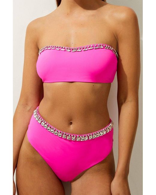 Karen Millen Pink Premium Embellished High Waist Bikini Bottoms