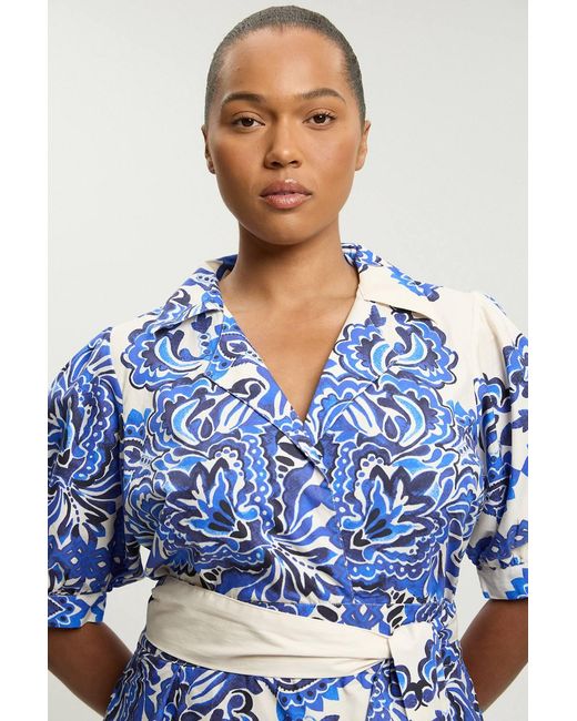 Karen Millen Blue Plus Size Tile Print Cotton Poplin Midi Dress