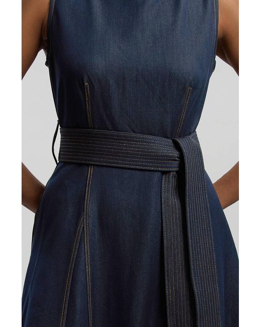 Karen Millen Blue Denim Belted Full Skirt Tailored Dress