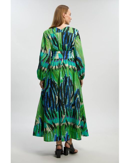 Karen Millen Green Animal Silk Cotton Plunge Maxi Dress