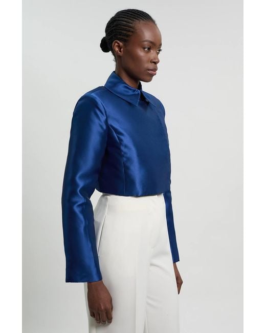 Karen Millen Blue Petite Forever Satin Twill Cropped Wrap Tailored Jacket