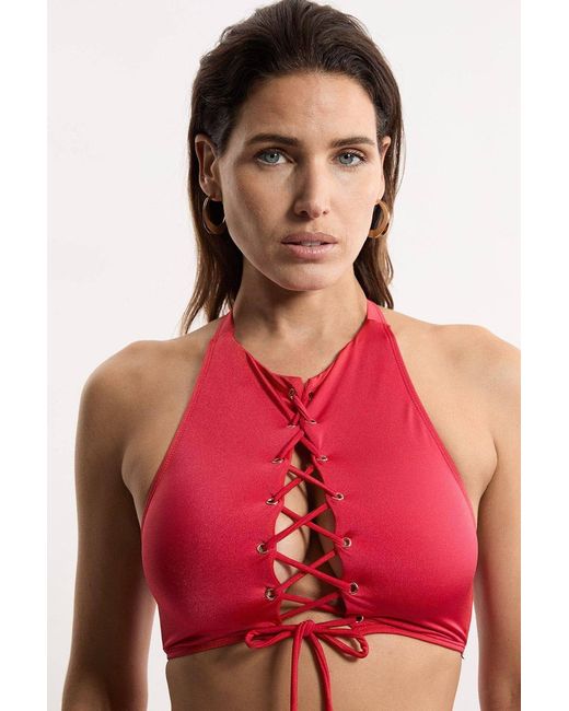 Karen Millen Red Slinky Tie Detail Bikini Top