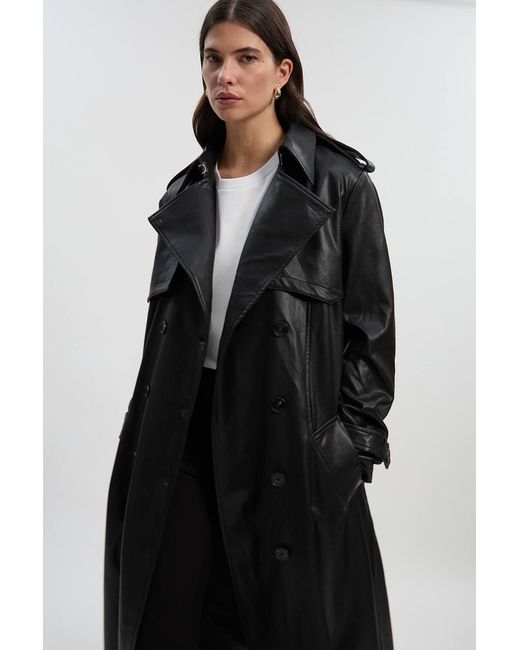 Karen Millen Black Tailored Faux Leather Belted Trench Coat