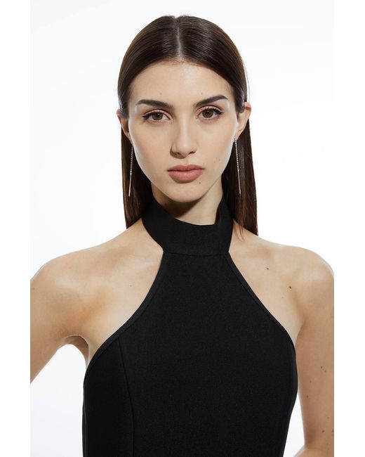 Karen Millen Black Figure Form Bandage Ruffle Hem Halter Knit Midi Dress