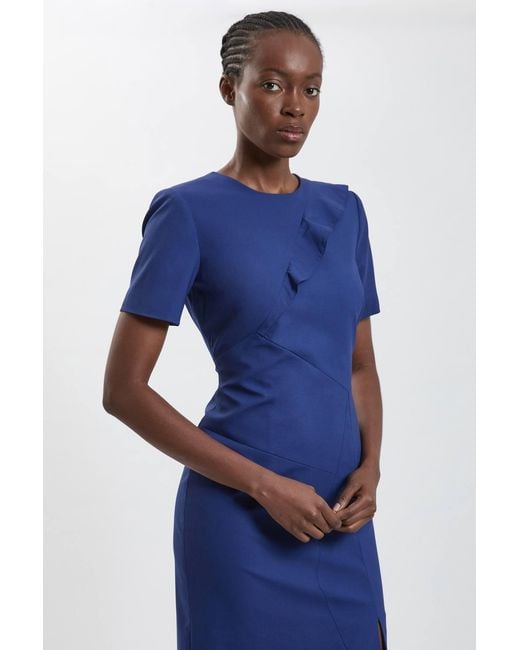 Karen Millen Blue Tailored Fold Detail Midi Pencil Dress