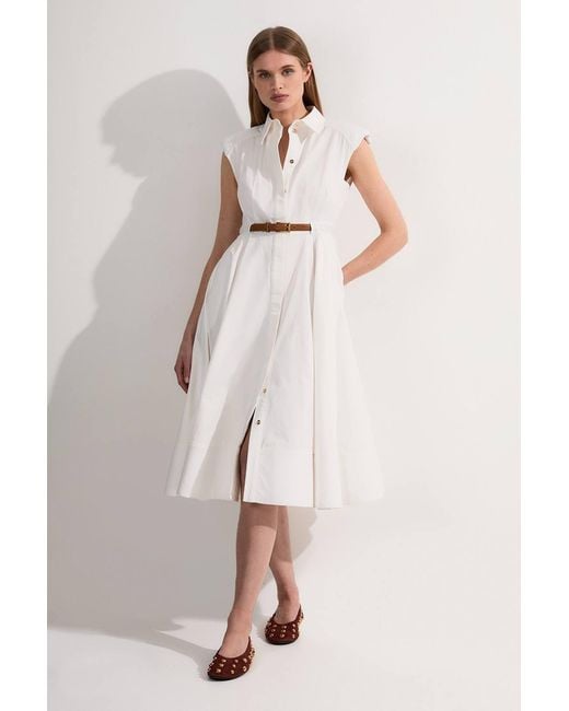 Karen Millen Natural Tailored Cotton Belted Collared Full Midi Dress