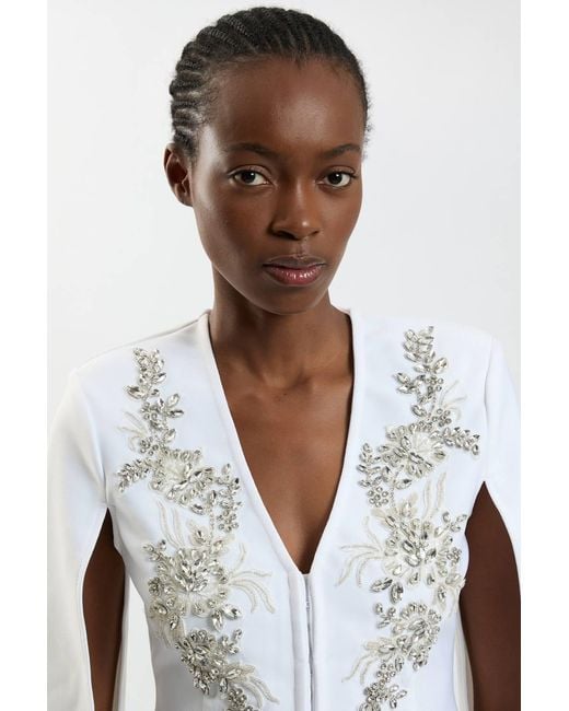 Karen Millen White Bandage Form Fitting Cape Sleeve Embellished Jacket