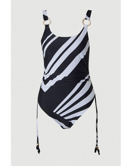 Karen Millen Multicolor Stripe Print With Bead Detail Low Back Swimsuit