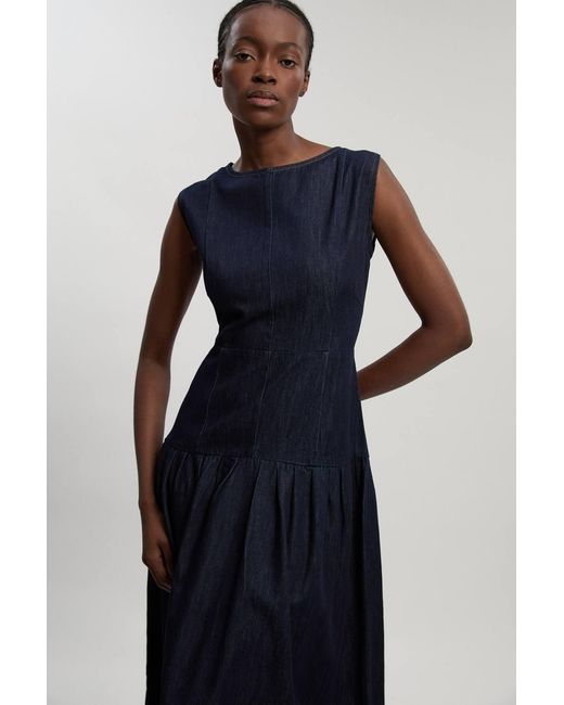 Karen Millen Blue Petite Denim Dropped Waist Full Skirted Midi Dress