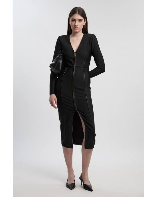 Karen Millen Black Pu Tipped Detail Zip Through Bandage Knit Midi Dress