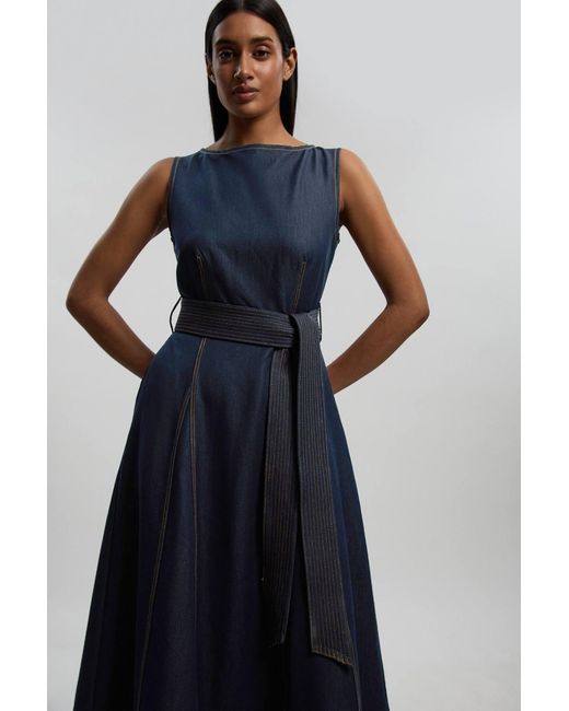Karen Millen Blue Denim Belted Full Skirt Tailored Dress