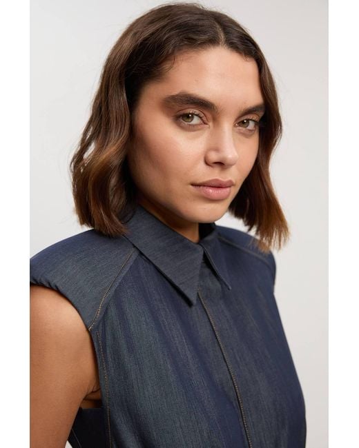 Karen Millen Blue Denim Tailored Belted Collared Full Midi Dress