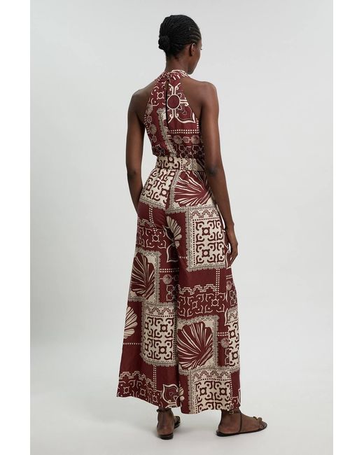 Karen Millen Brown Linen Viscose Tile Print Belted Woven Jumpsuit