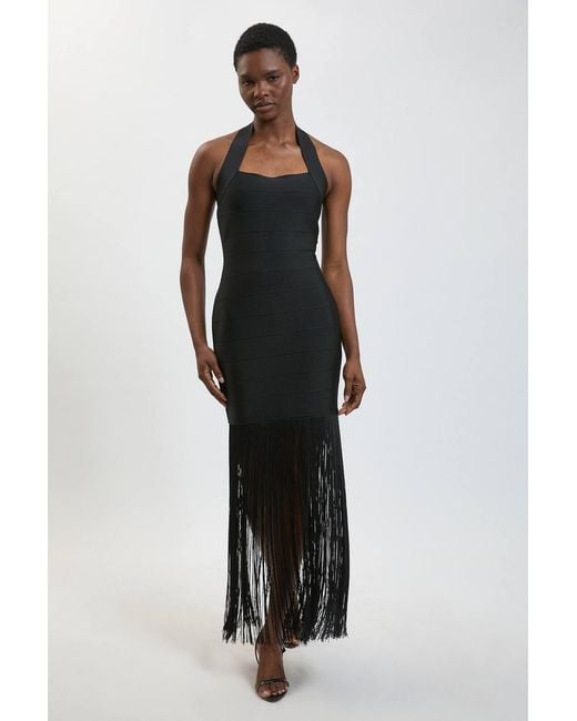 Karen Millen Black Figure Form Bandage Fringe Knit Halter Neck Midi Dress