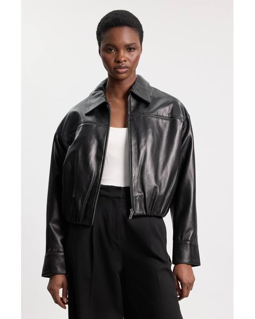 Karen Millen Black Leather Collared Bomber Jacket