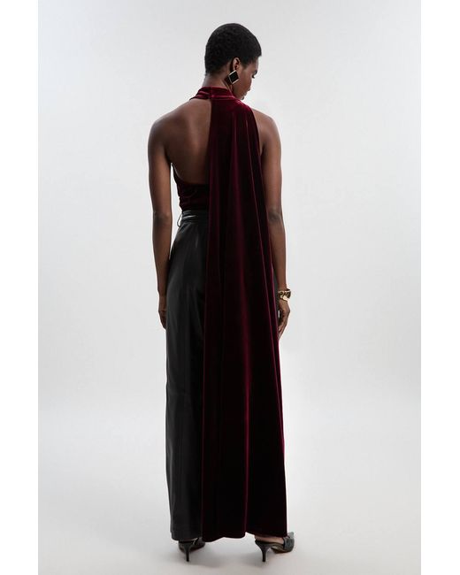 Karen Millen Red Stretch Velvet High Neck Cape Shoulder Bodysuit