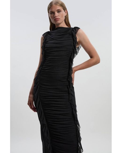 Karen Millen Black Bandage Mesh Gathered Ruffle Knitted Maxi Dress