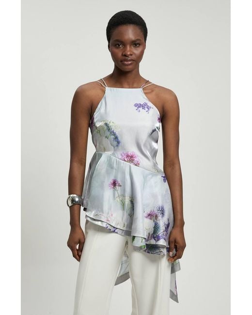 Karen Millen White Printed Metallic Floral Woven Top