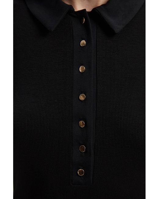 Karen Millen Black Viscose Rib Jersey Long Sleeve Collared Button Top