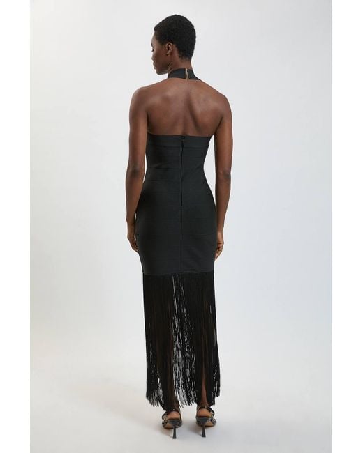 Karen Millen Black Figure Form Bandage Fringe Knit Halter Neck Midi Dress