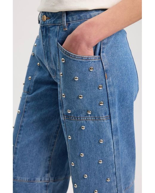 Karen Millen Blue Denim Studded Barrel Leg Jeans