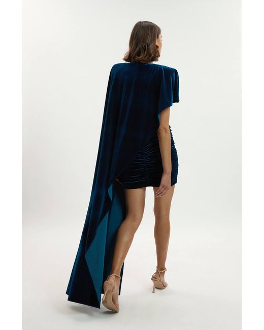 Karen Millen Blue Stretch Velvet Jersey Cape Shoulder Mini Dress