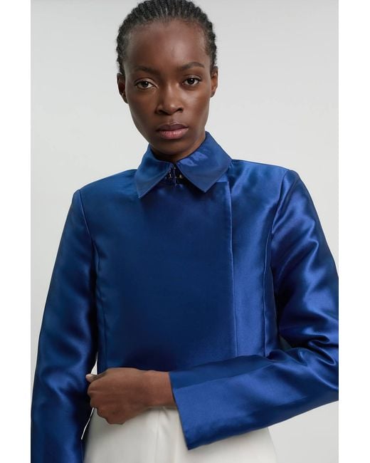 Karen Millen Blue Petite Forever Satin Twill Cropped Wrap Tailored Jacket