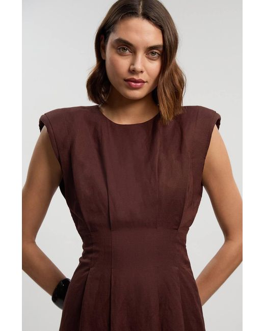 Karen Millen Brown Viscose Linen Woven Pintuck Midi Dress