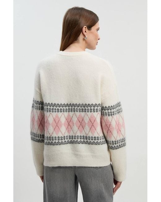 Karen Millen Gray Premium Alpaca Wool Blend Fairisle Knitted Jumper