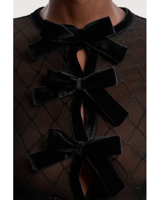 Karen Millen Black Mesh With Velvet Bow Trim Detail Crew Neck Long Sleeve Top