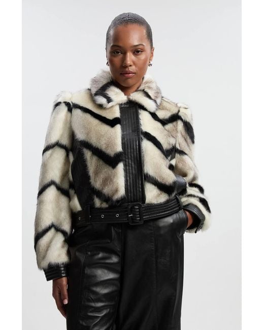Karen Millen Multicolor Plus Size Faux Fur Pu Panelled Stripe Belted Cropped Jacket