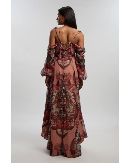 Karen Millen Red Petite Metallic Thread Printed Cold Shoulder Woven Maxi Dress