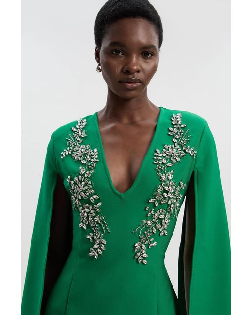 Karen Millen Green Bandage Form Fitting Cape Sleeve Embellished Mini Dress
