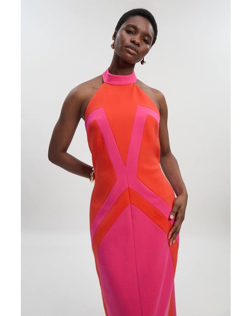 Karen Millen Compact Stretch Colour Block Tailored Halter Neck Midi Dress