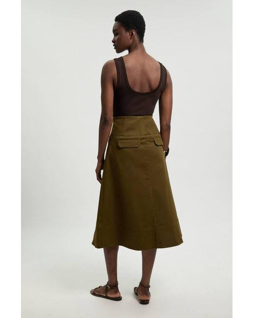 Karen Millen Green Cotton Tailored Button Detail Midi Skirt