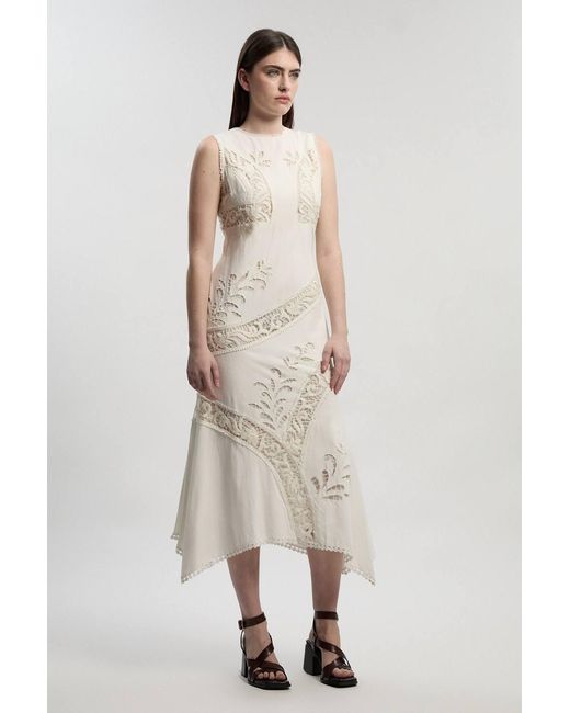 Karen Millen Natural Cutwork And Embroidery Linen Viscose Woven Maxi Dress