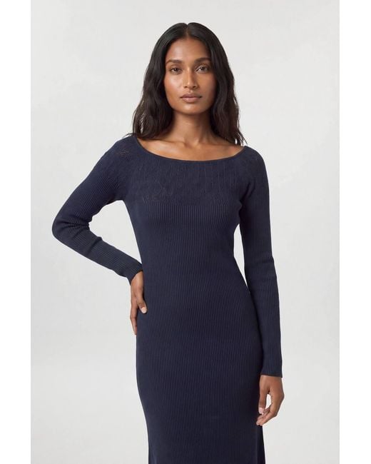 Karen Millen Blue Pointelle Knit Panelled Bardot Midi Dress