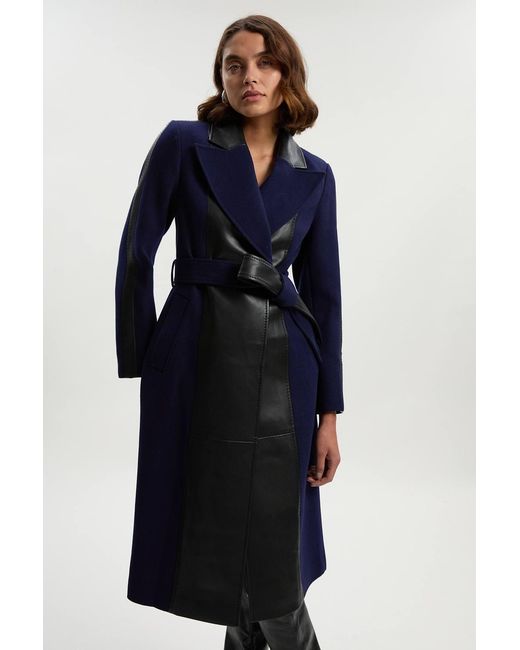 Karen Millen Blue Wool Pu Mix Belted Midi Coat