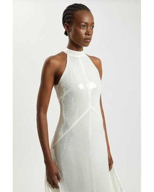 Karen Millen White Petite Sequin Halter Neck Hanky Hem Maxi Dress